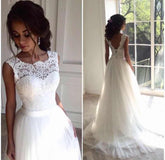 Line Lace Beach Wedding Dress Scoop Neck White Bridal GownA Line Lace Beach Wedding Dress Scoop Neck White Bridal Gown